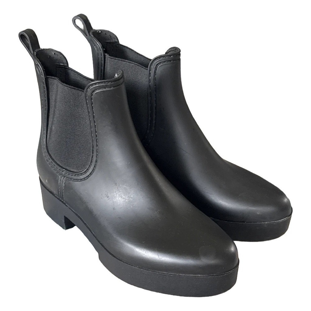 Womens Black Matte Rubber Chelsea Rain Boots Platform Lug Sole Ankle Booties